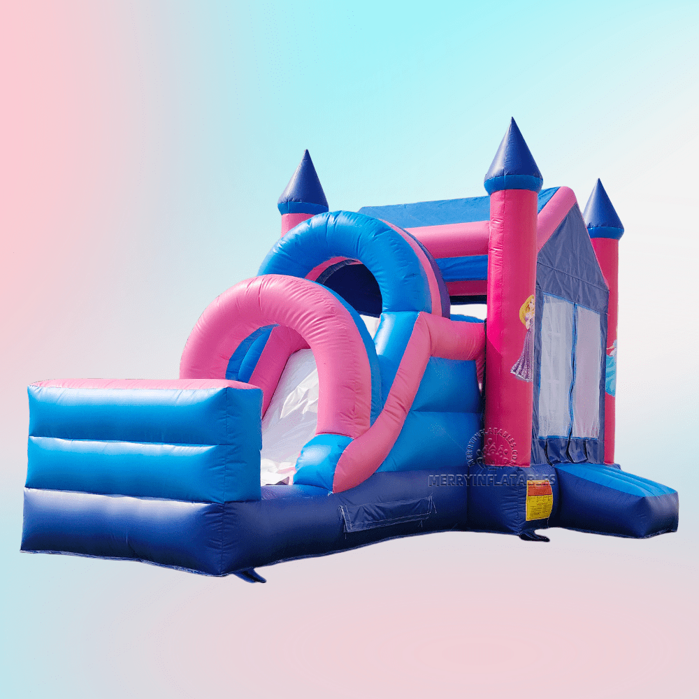 Nafukovací hrad s princeznou, šmykľavkou a skákacím domčekom, kombinácia s ružovým skákacím hradom pre dievčatá. thumbnail 3