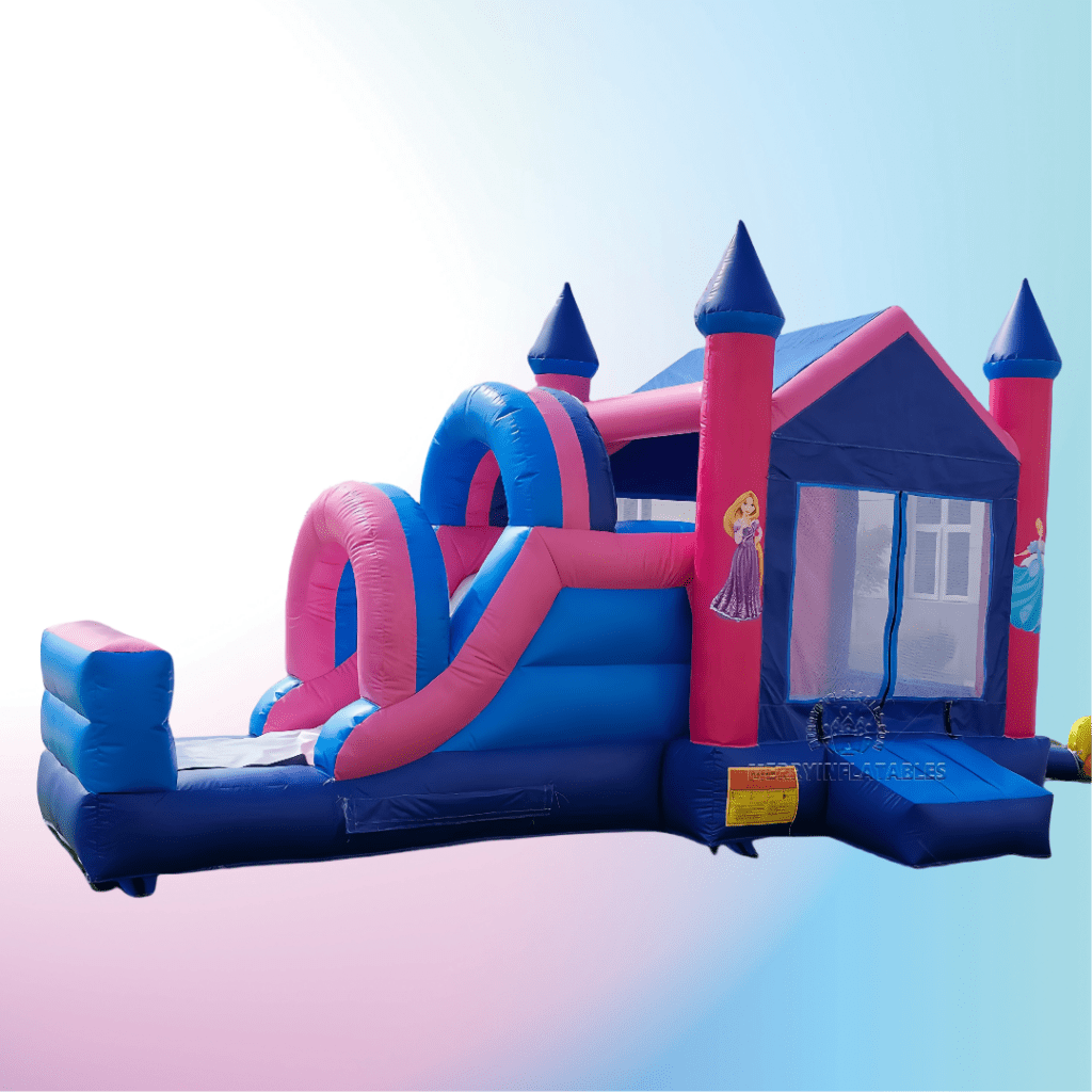 Nafukovací hrad s princeznou, šmykľavkou a skákacím domčekom, kombinácia s ružovým skákacím hradom pre dievčatá. thumbnail 2