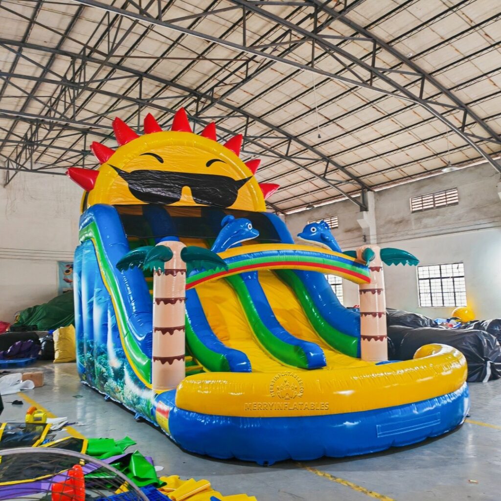 Tropical Sun Plam Tree Obria tobogán Ventriglisse gonflable dvojitá zjazdovka tobogán infantil thumbnail 3