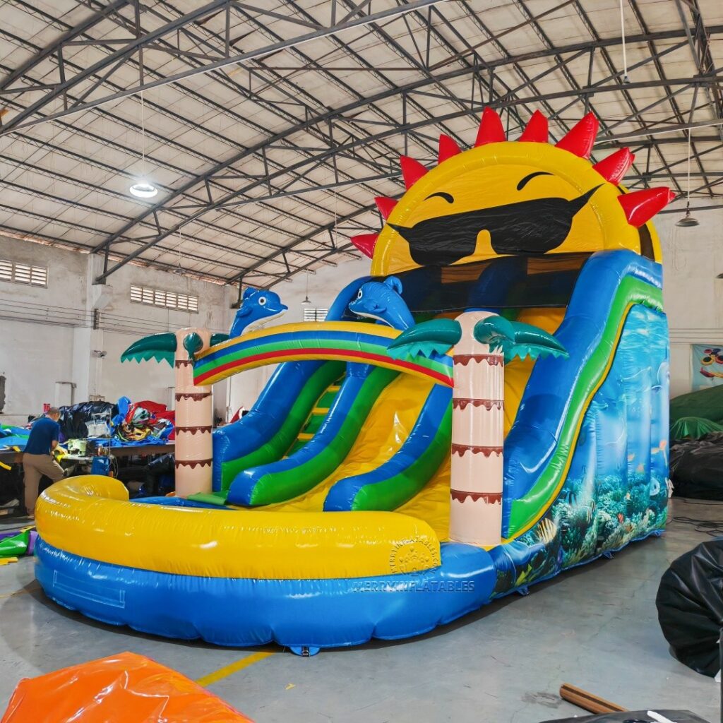 Tropical Sun Plam Tree Obria tobogán Ventriglisse gonflable dvojitá zjazdovka tobogán infantil thumbnail 4