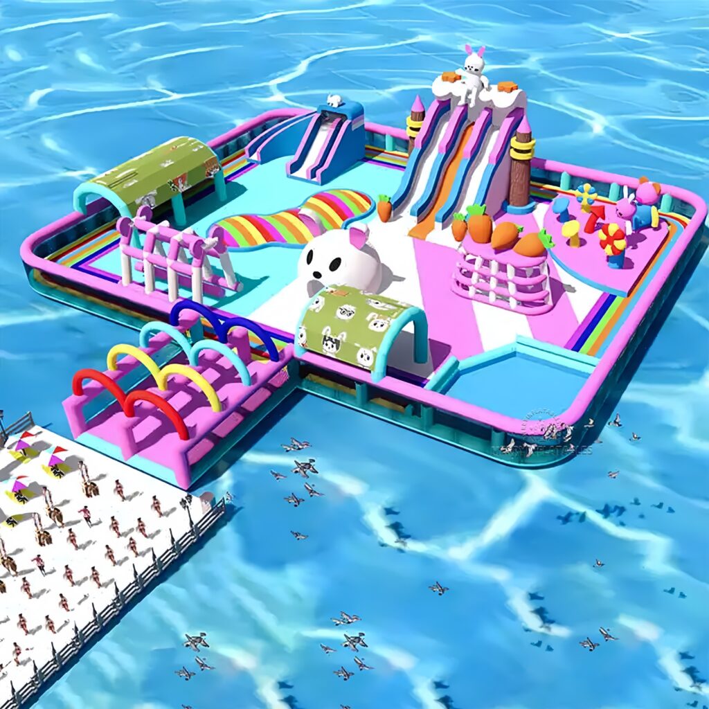 Plážový nafukovací plávajúci vodný park Králičia vodná trampolína Castle Lake Floating Island