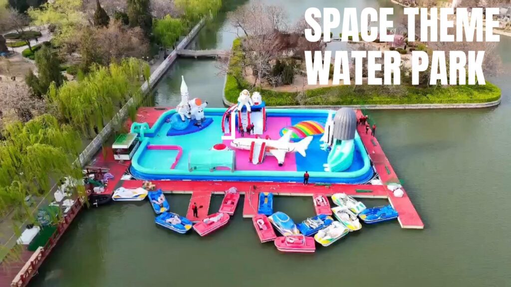 Nafukovací plávajúci vodný park s vesmírnou tematikou Vodná trampolína Castle Lake Floating Island thumbnail 4